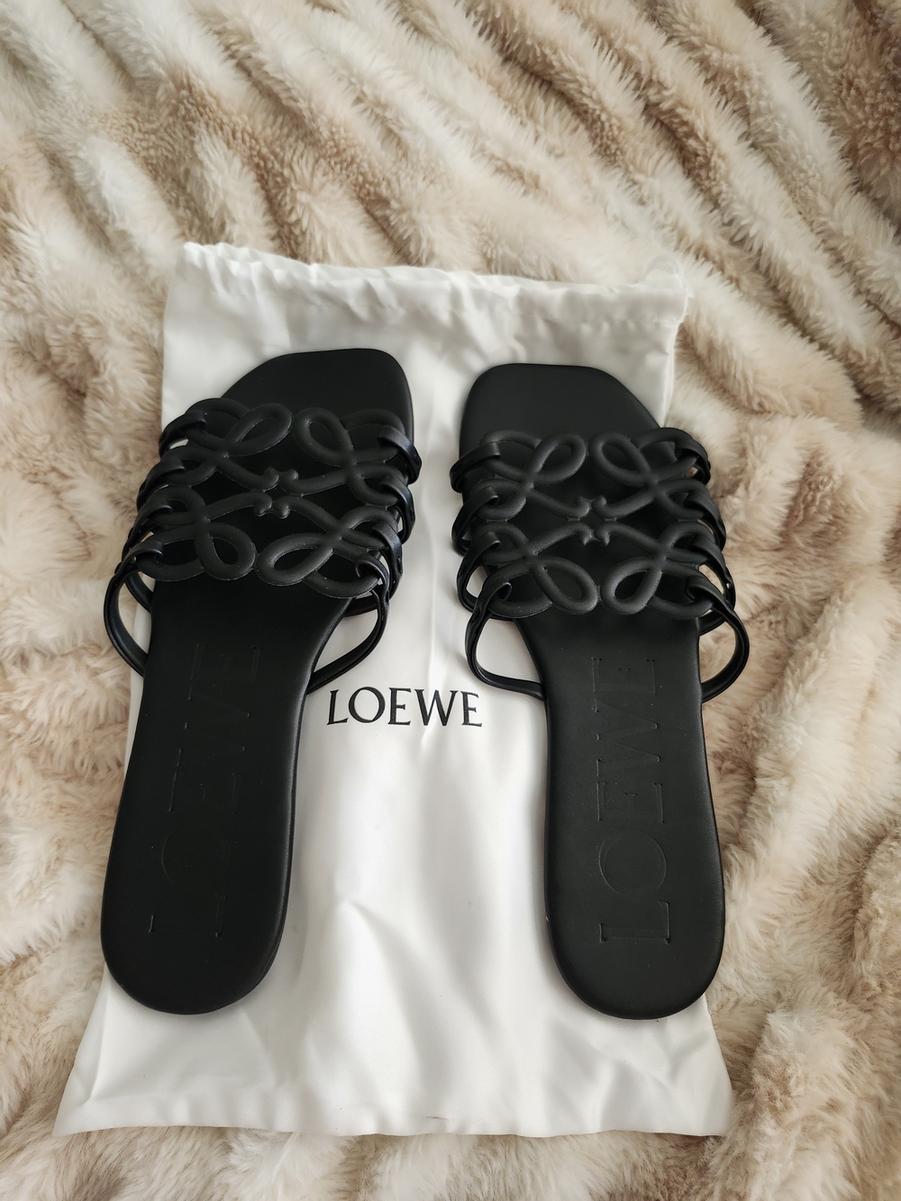 Loewe Black Anagram Leather Slide Sandals with Decorative Cutout Motif